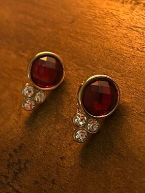 Gold Clip-On Earrings with Deep Red Gemstones and Clear Accents